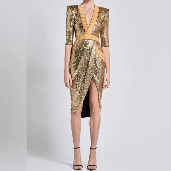 Zhivago Eye of Horus Gold Sequin Should Pads Dress Size 4 - Picture 10 of 11